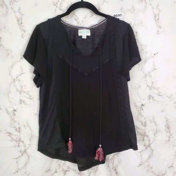 Jun & Ivy Tops - JUN & IVY Black Sheer Blouse Lace Embroidery Large